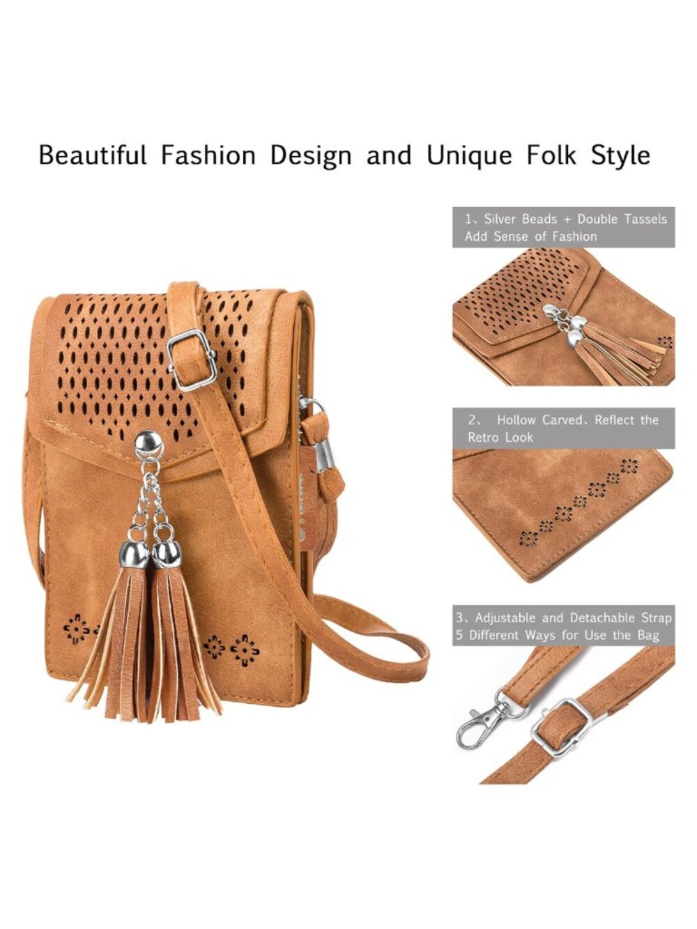 seOSTO Small Crossbody Bag Faux Leather Tassel Purse for Women Teen Girls - Picture 4 of 8